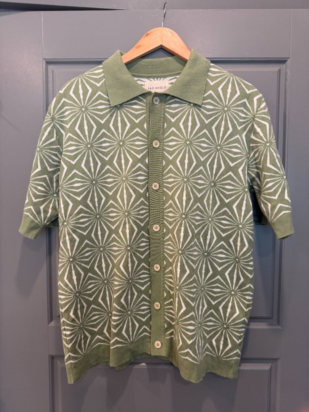 Far Afield Geometric Knit Polo Cardigan Sweater Sage Green Retro Mod Large